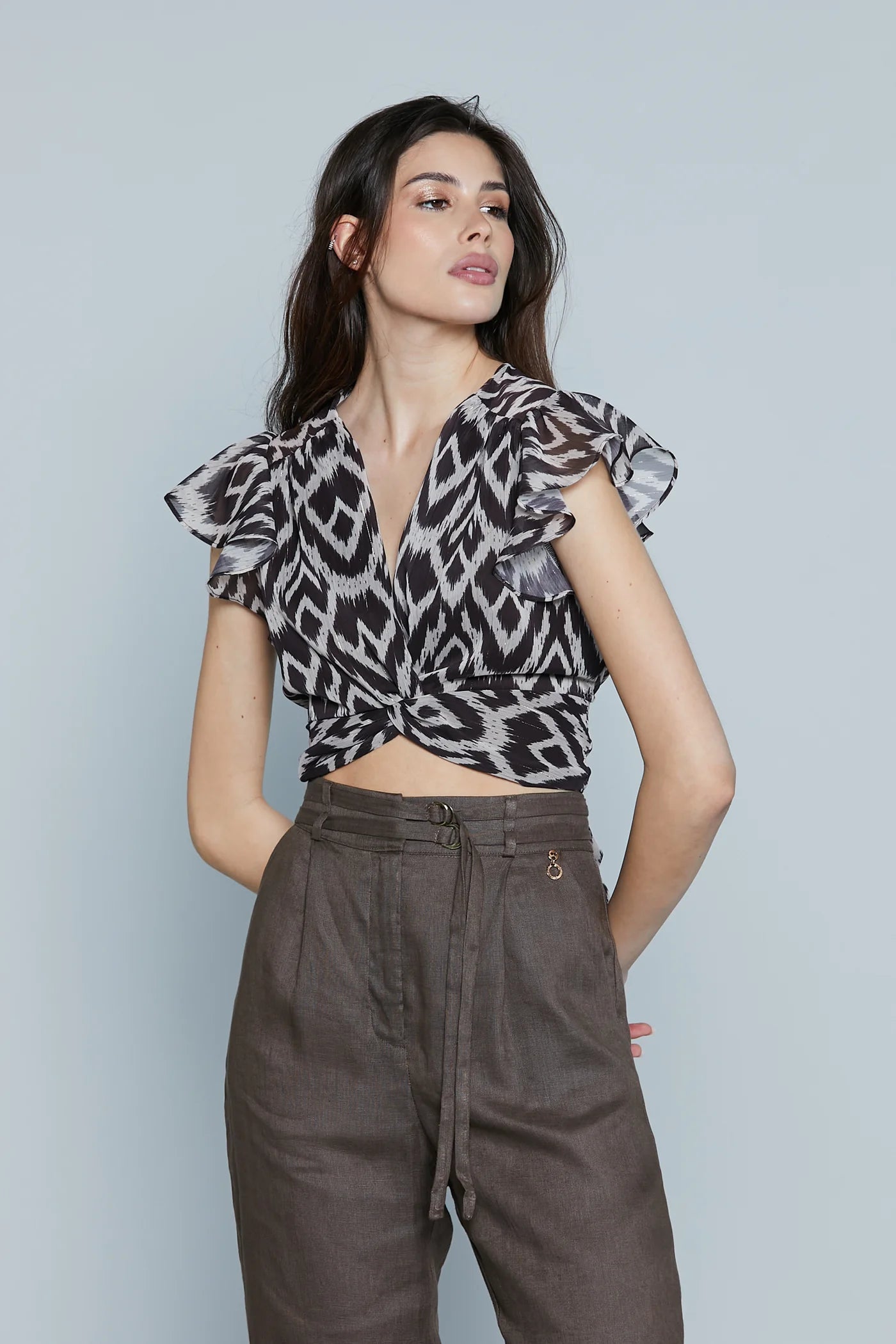 BLUSA CORTA ROUCHES SCOLLO INCROCIO PIU' FUSCIACCA IN VITA FANTASIA ETNICA CON LUREX