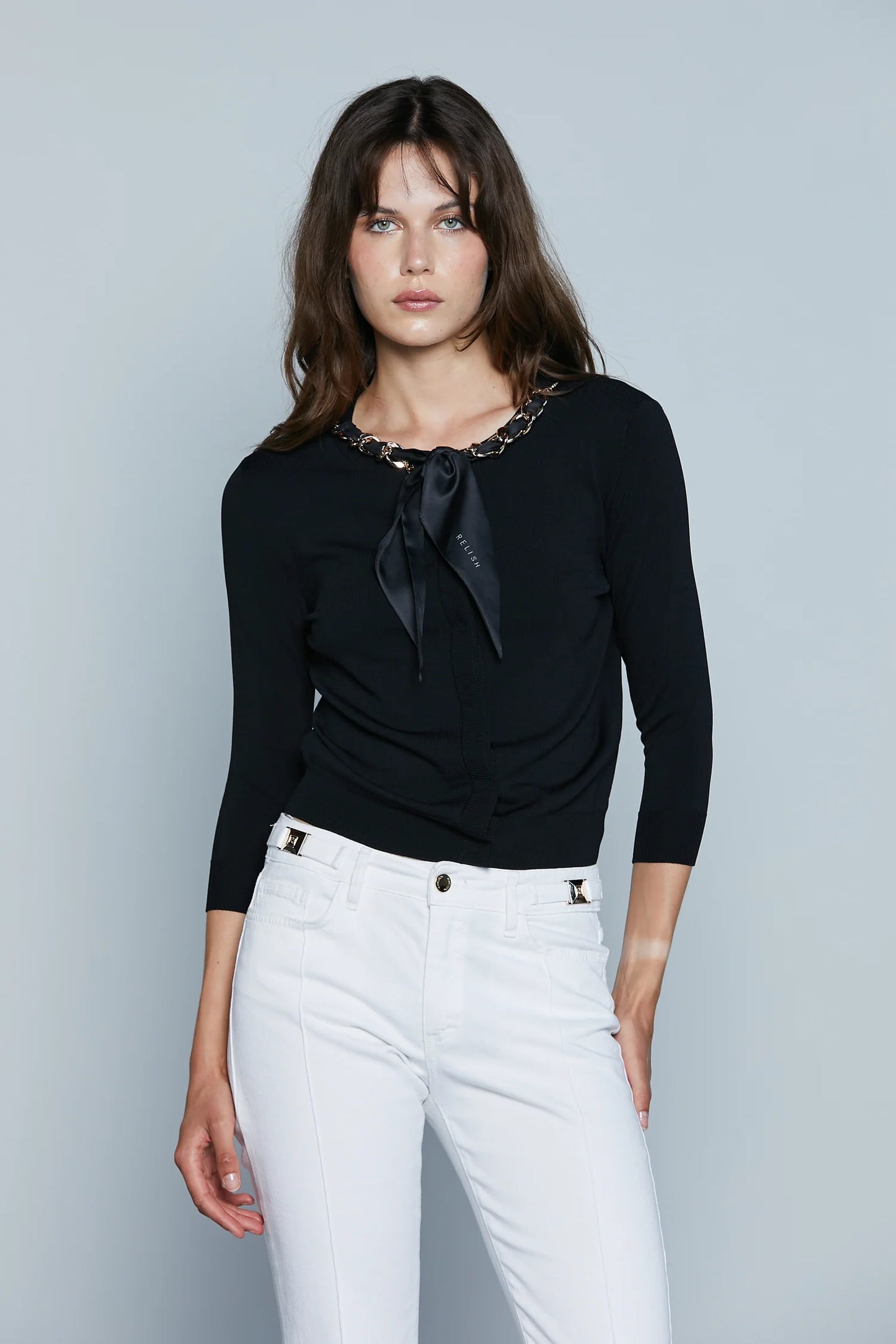 CARDIGAN CON APPLICAZIONI FOULARD LOGO PIU' CATENA