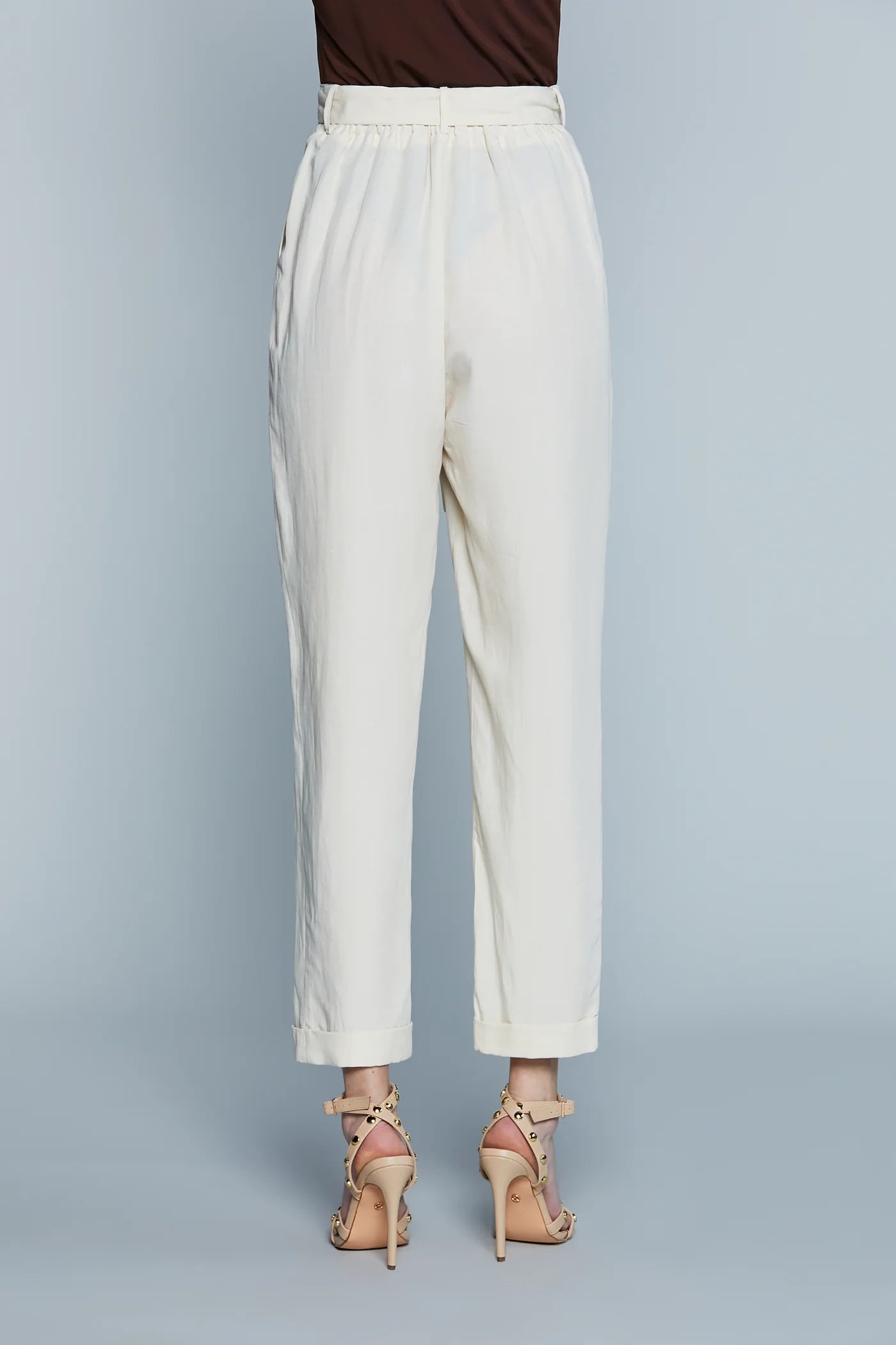 PANTALONE VITA ALTA CON ELASTICO PIU' CINTURA CON PINCES PIU' TASCHE FRANCESI