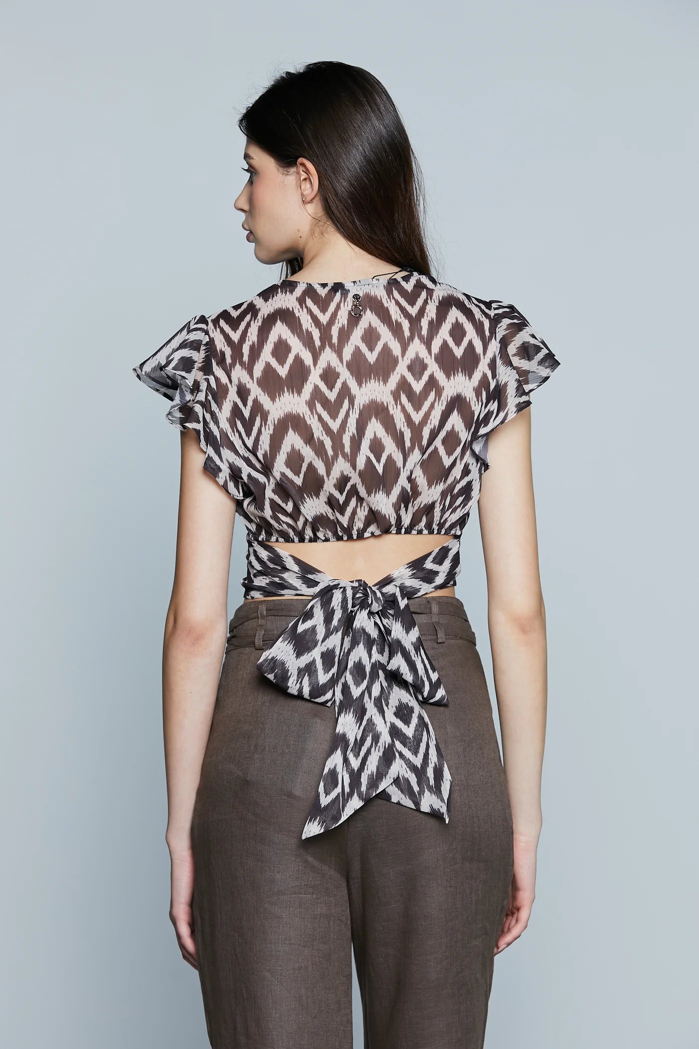 BLUSA CORTA ROUCHES SCOLLO INCROCIO PIU' FUSCIACCA IN VITA FANTASIA ETNICA CON LUREX